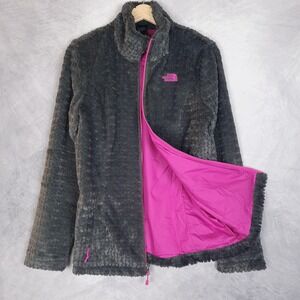 North Face Jacket Womens Medium Gray Plush Deep Pile Fleece Zip Pink Outdoor